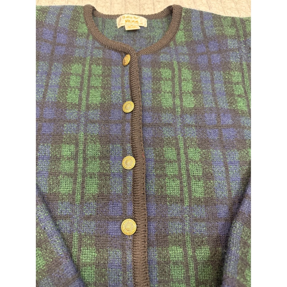 Tally-Ho Vintage 100% Wool Plaid Cardigan Sweater Green Blue Gold Buttons M